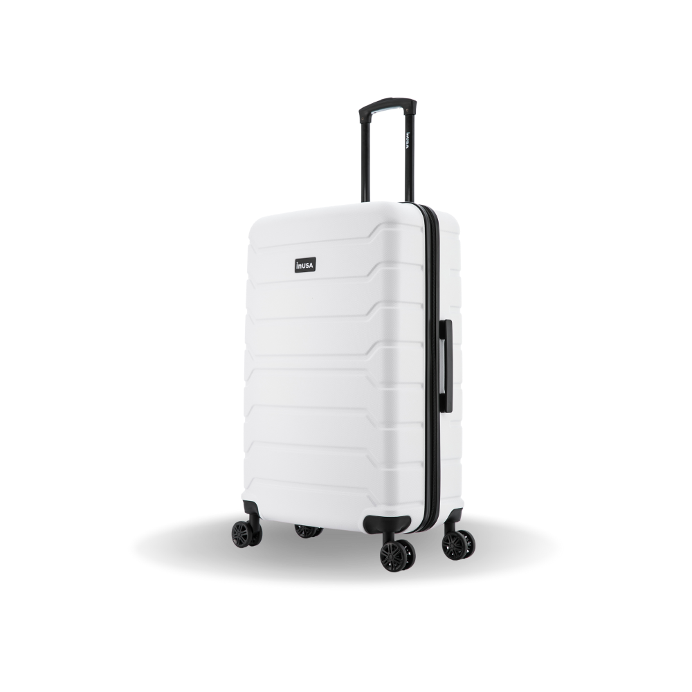 White suitcase with black wheels and handle on a white background