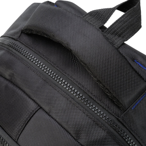 Close-up of a black backpack with a zipper detail on a white background