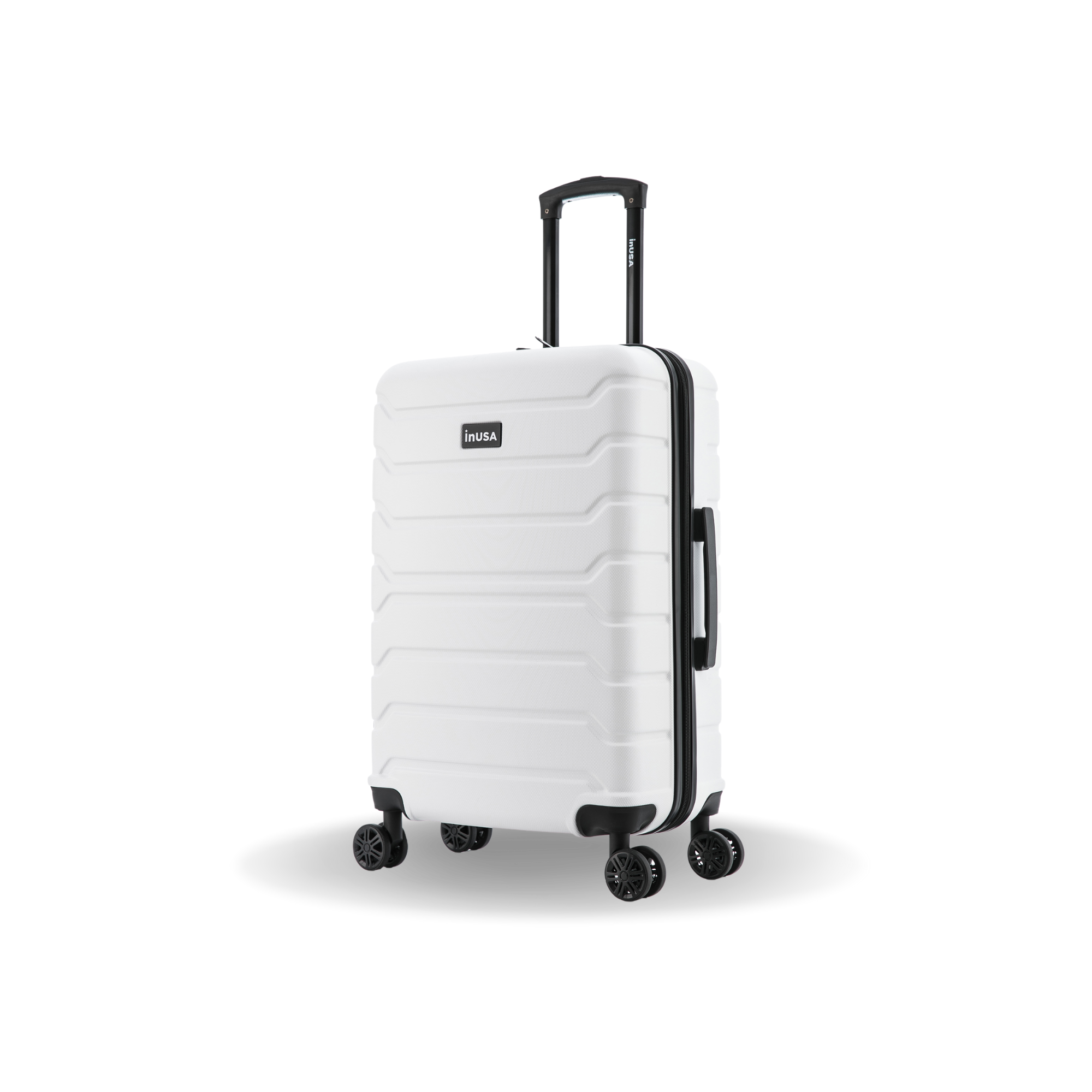 White suitcase with black wheels and handle on a white background