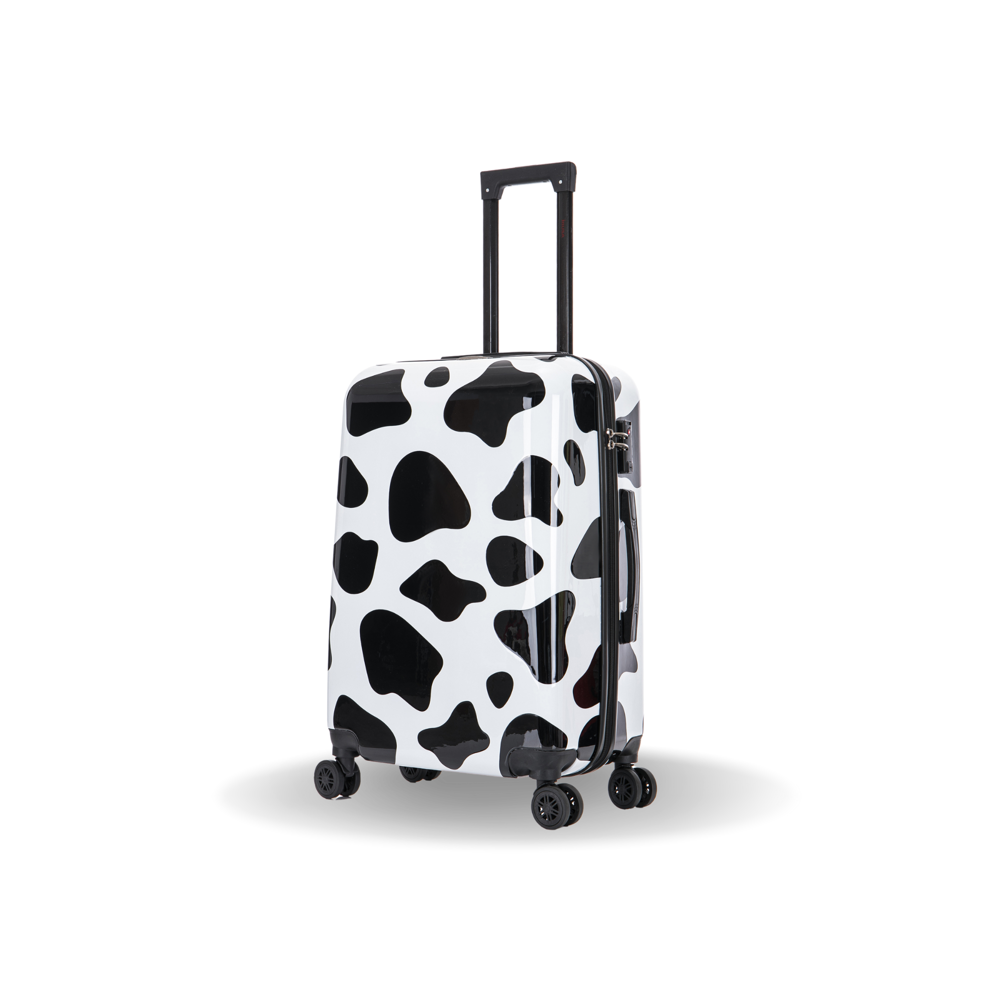 Black and white cow print suitcase on a transparent background