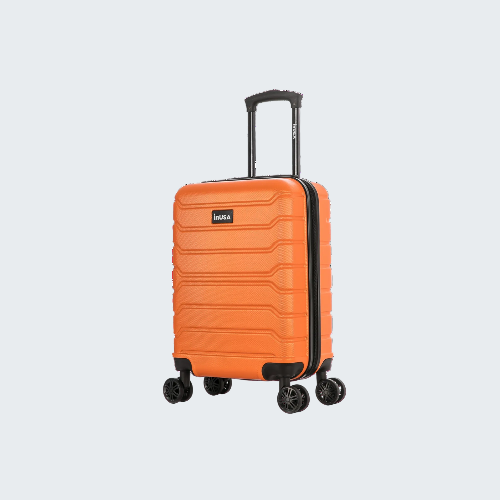 Orange suitcase with black wheels and handle on a white background