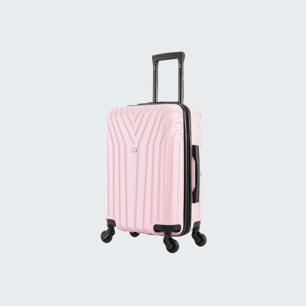 Pink suitcase with black wheels and handle on a white background
