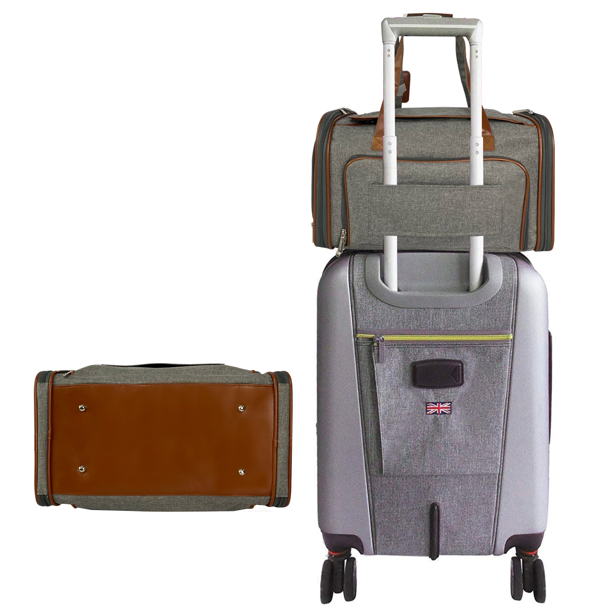 Set of gray suitcases with brown accents on a white background
