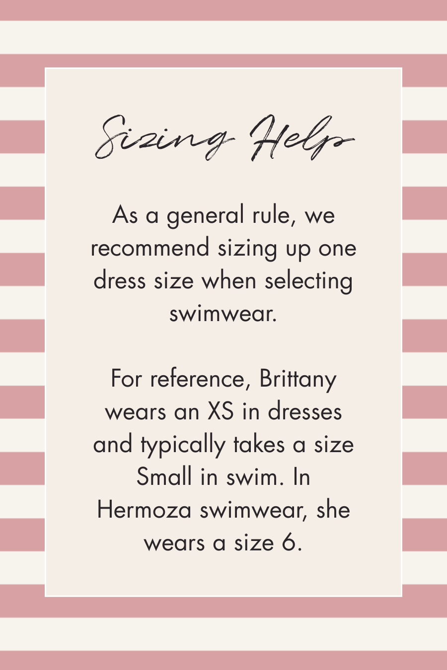 Sizing help information for swimwear with pink stripes on a white background
