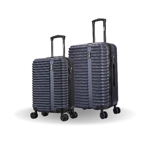 Two navy blue suitcases with wheels on a white background