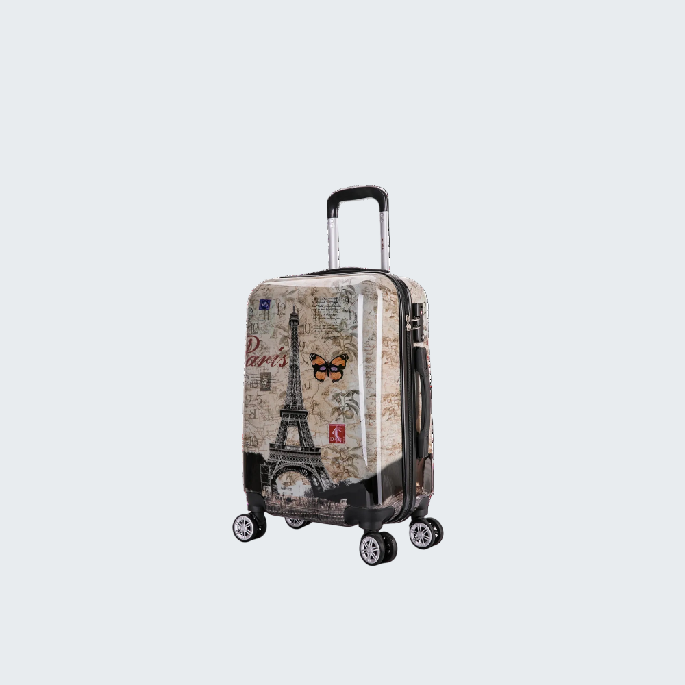 Suitcase with Eiffel Tower design on a white background