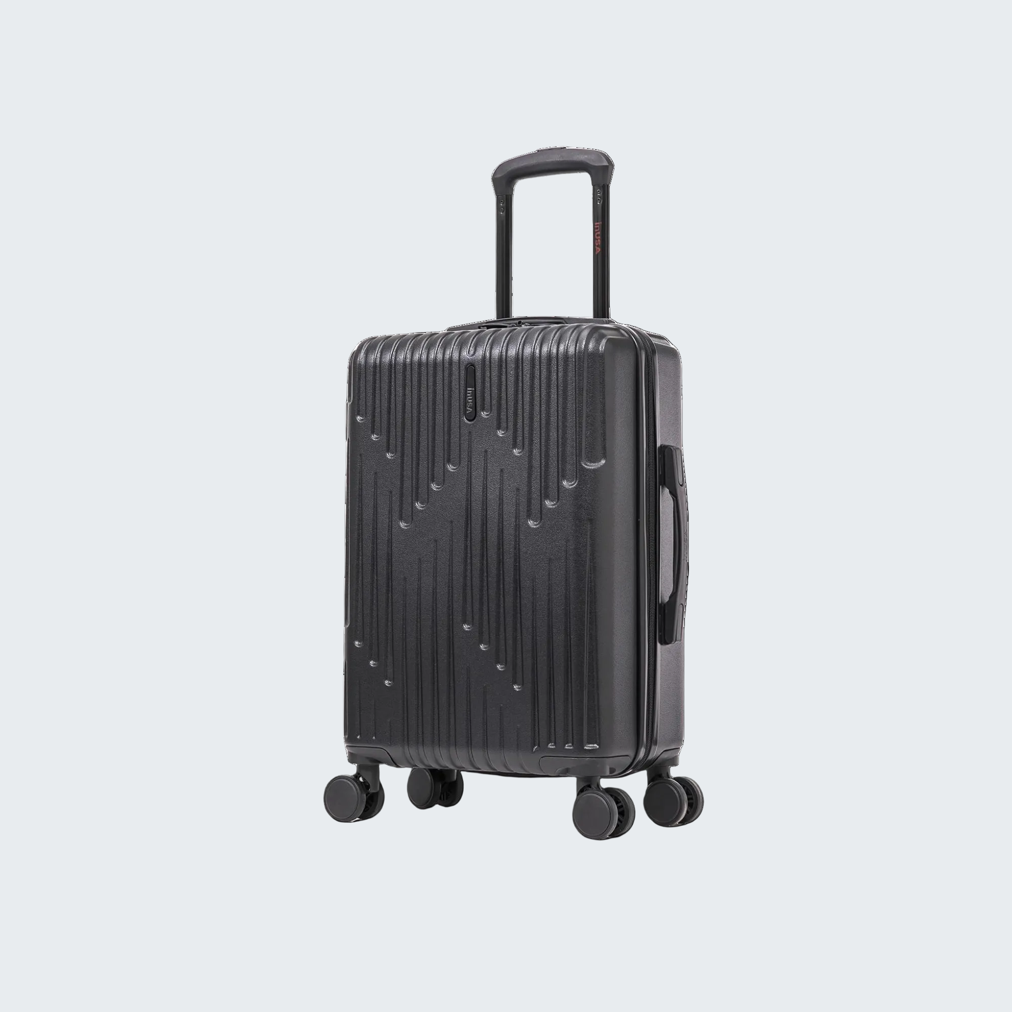 Black suitcase with wheels on a white background