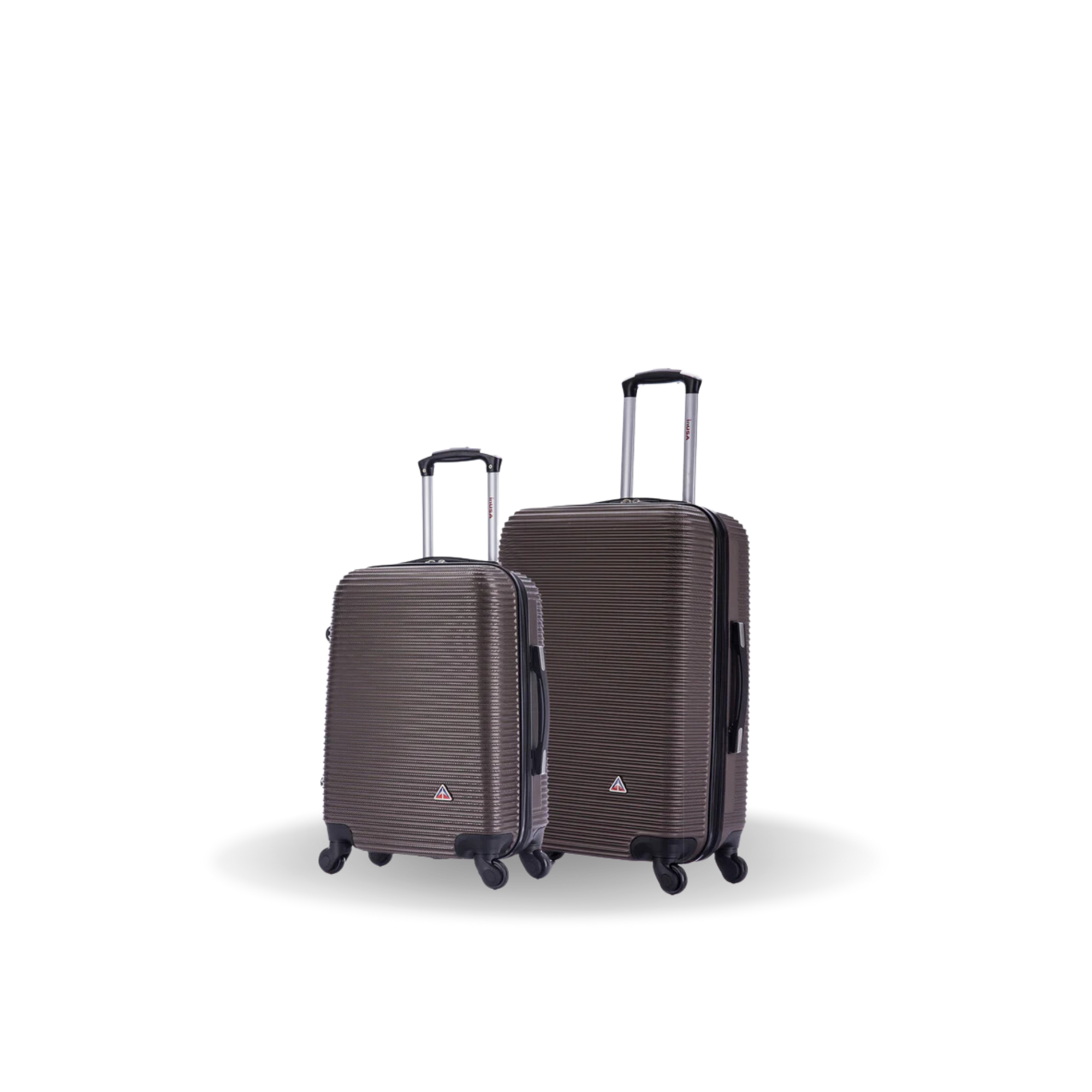Two brown suitcases with wheels on a white background