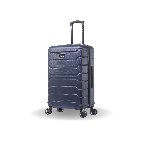Blue suitcase with wheels on a white background