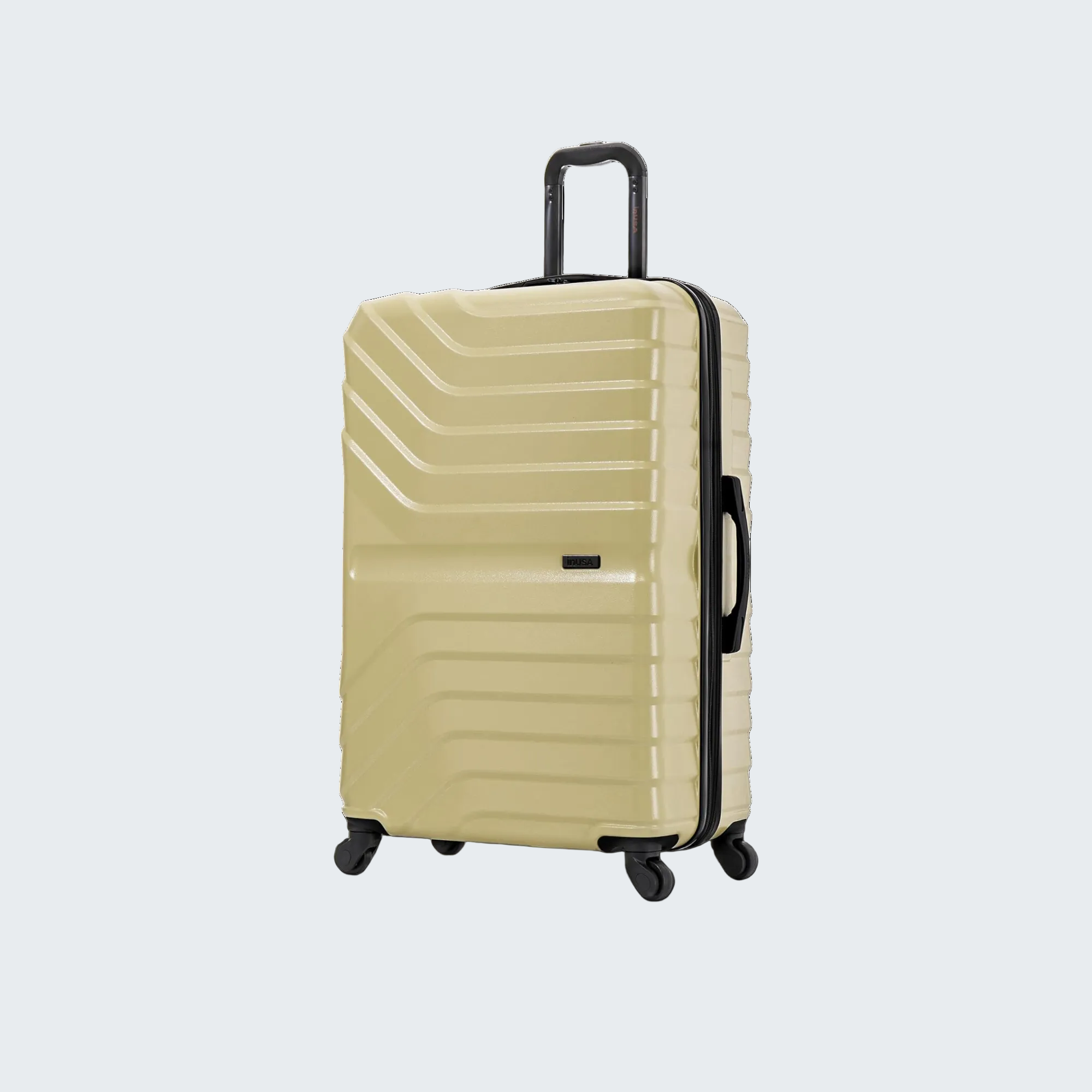 Beige suitcase with black wheels and handle on a white background