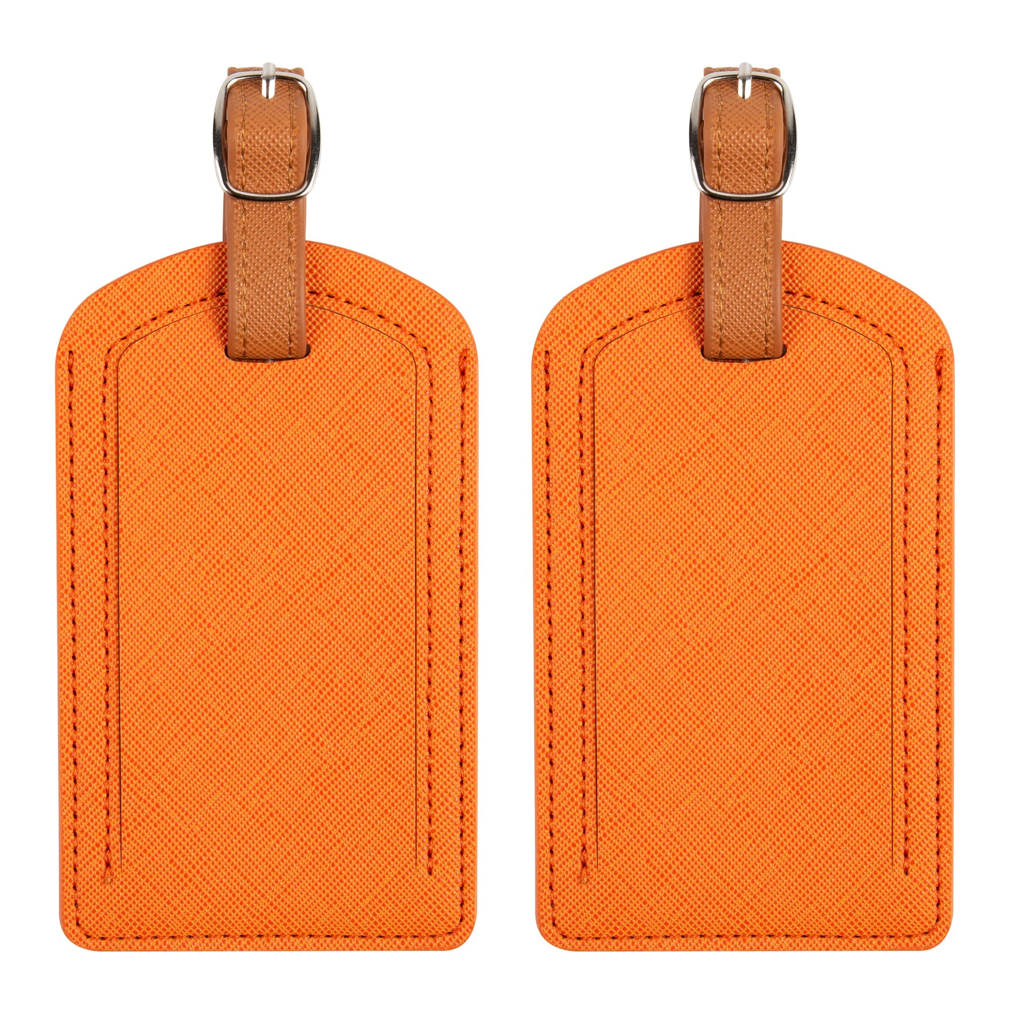 Two orange luggage tags with brown straps on a white background