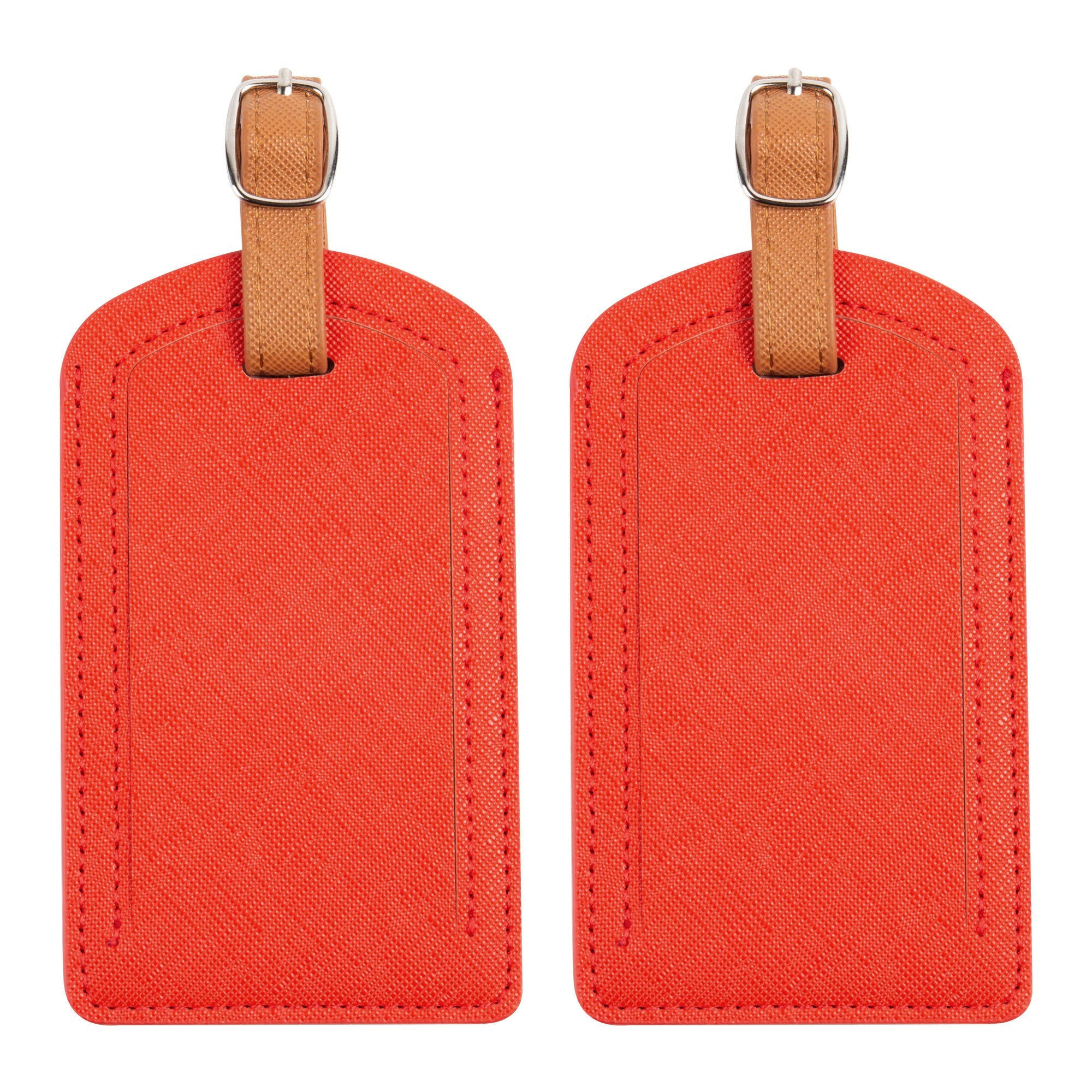 Two red luggage tags with brown straps on a white background