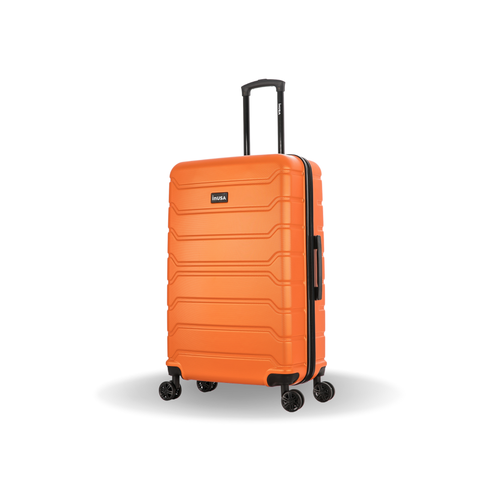 Orange suitcase with a black handle and wheels on a white background
