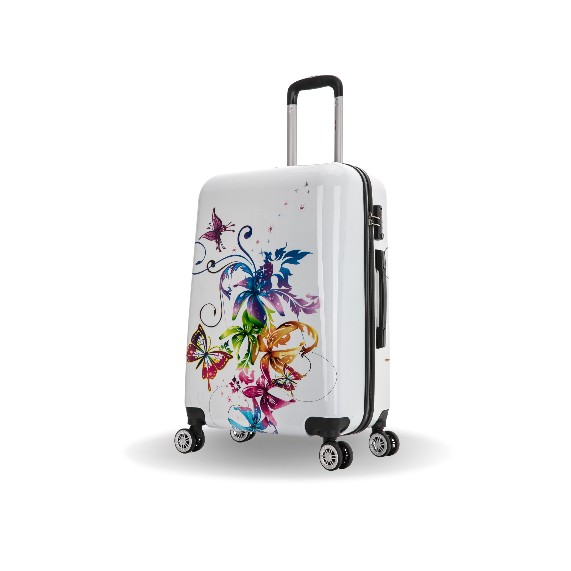 White suitcase with colorful floral and butterfly design on a white background