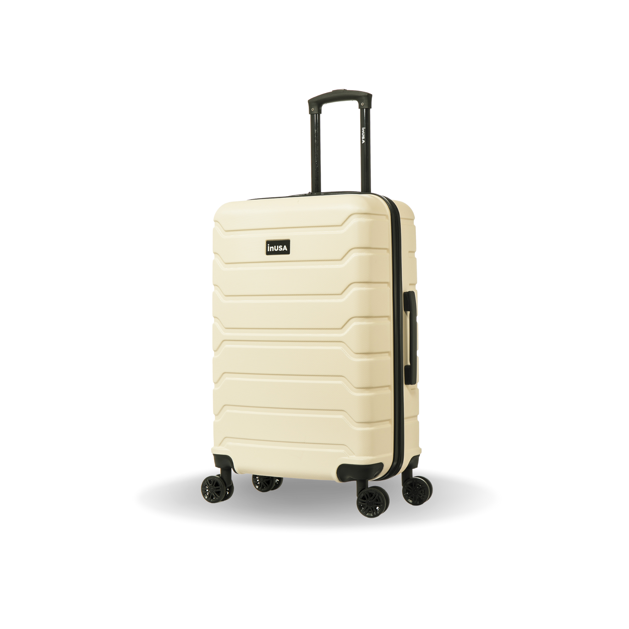 Beige suitcase with black wheels and handle on a white background