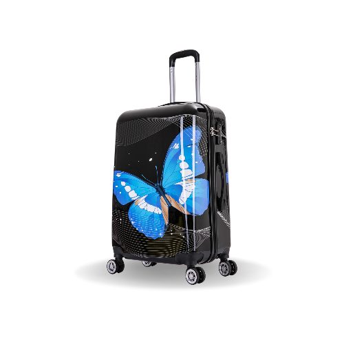 Black suitcase with a blue butterfly design on a white background