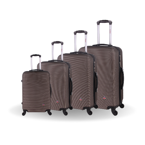 Set of five brown suitcases with wheels on a white background