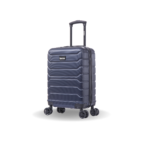 Navy blue suitcase with wheels on a white background