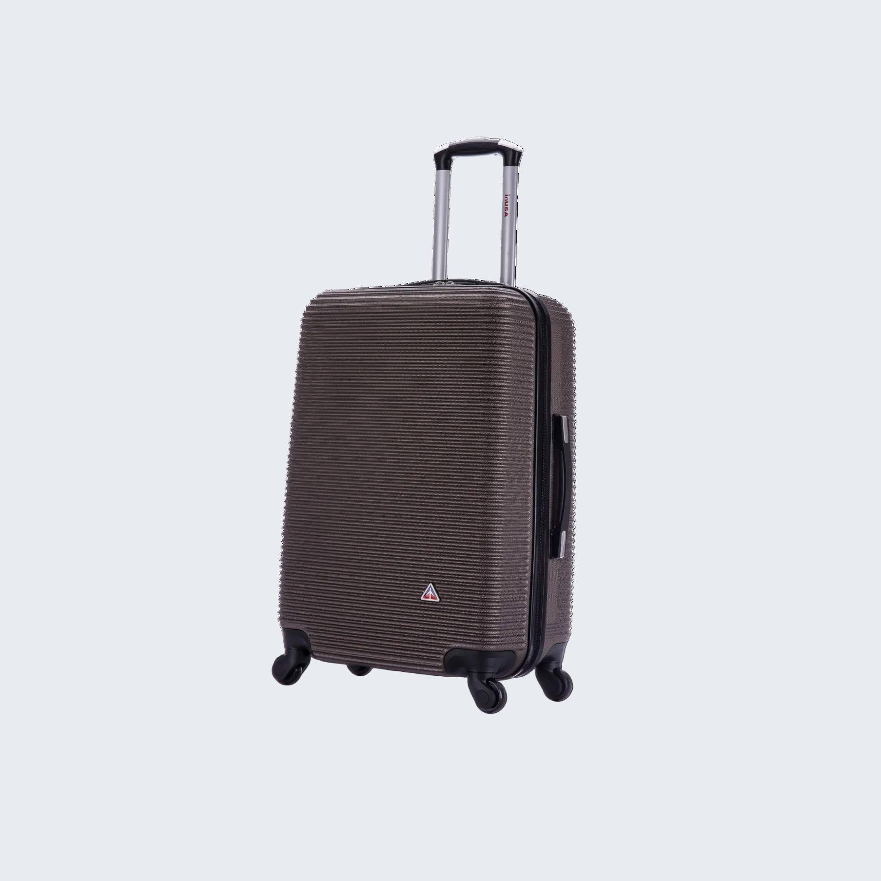 Brown suitcase with a visible brand logo on a white background