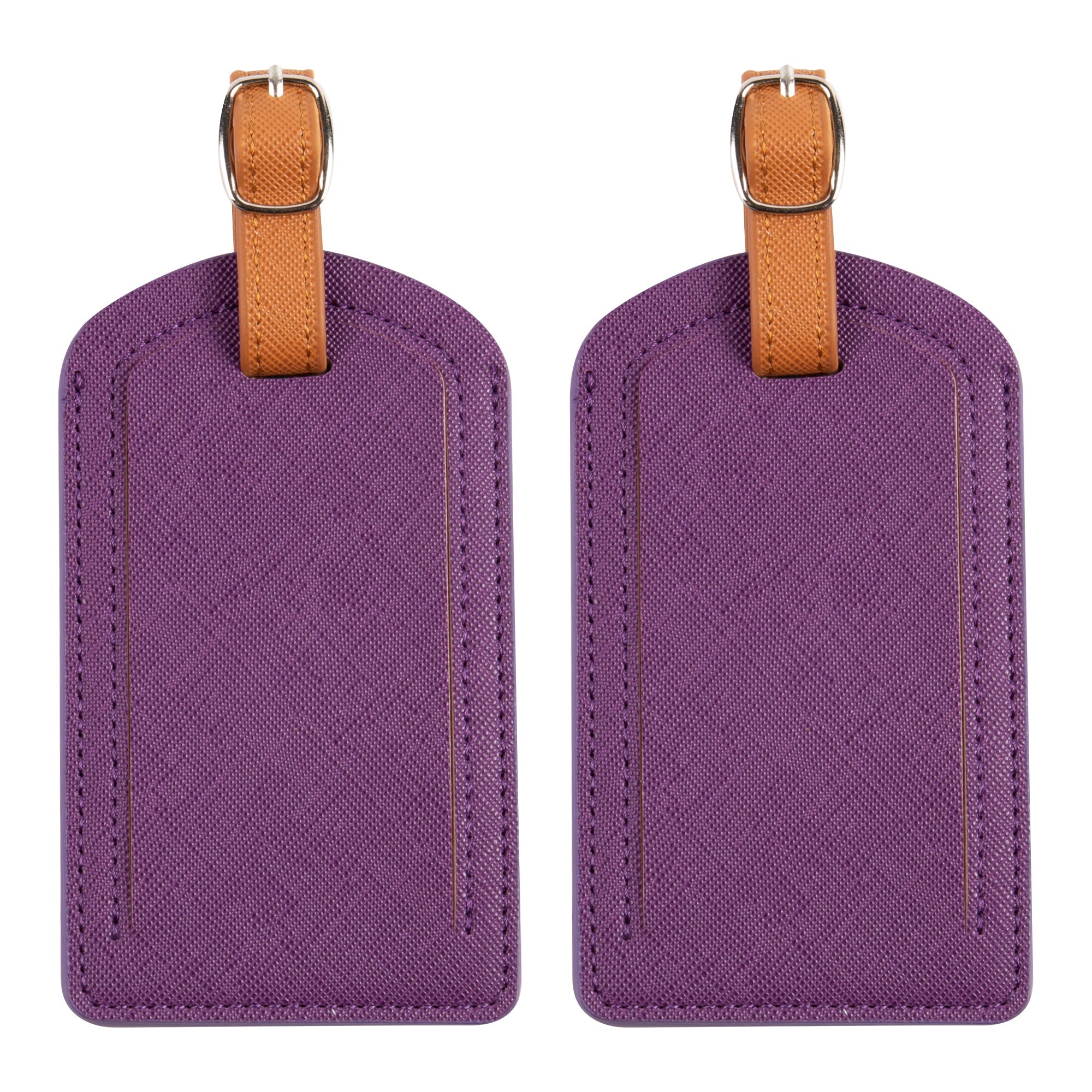 Two purple luggage tags with brown straps on a white background