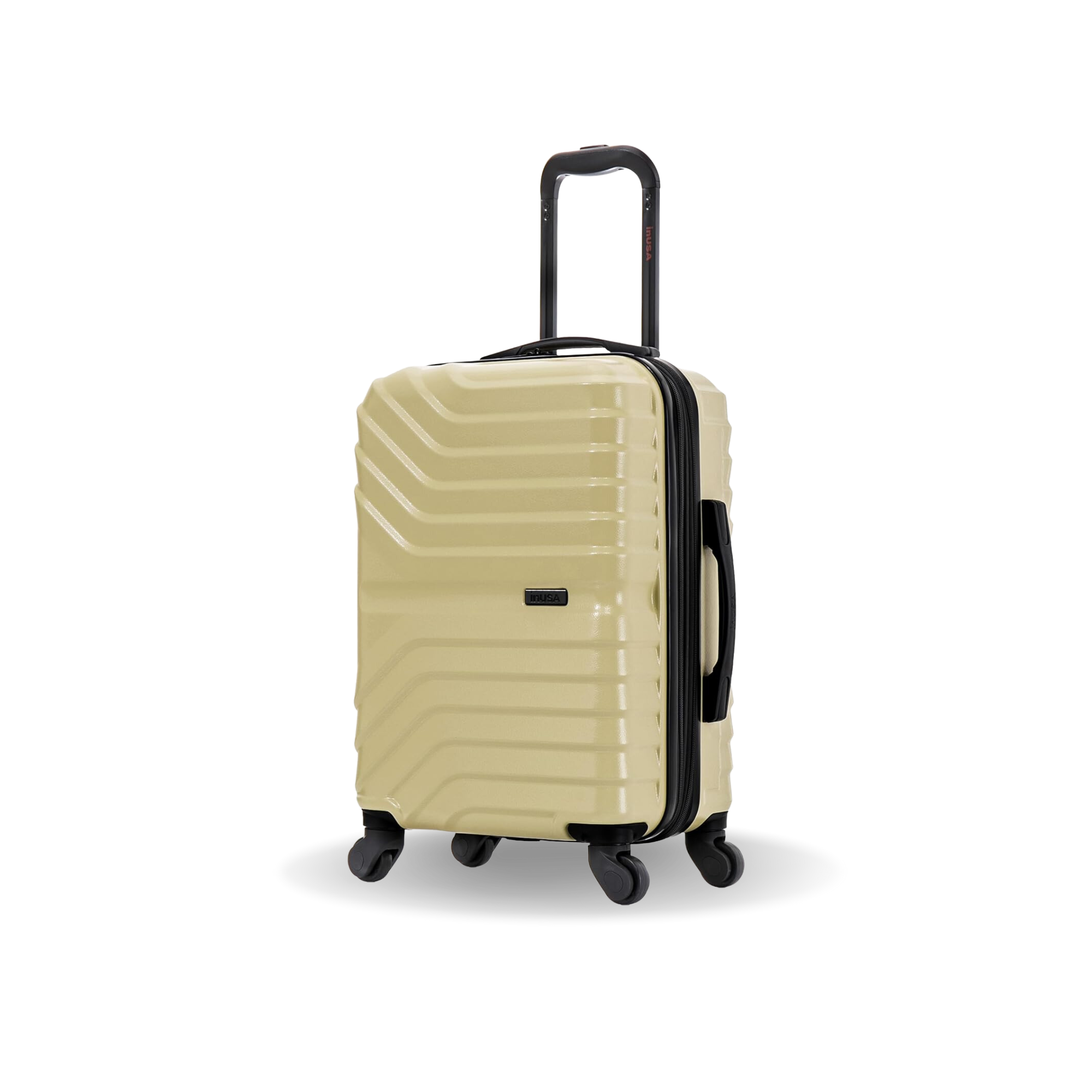 Beige suitcase with black handle and wheels on a white background