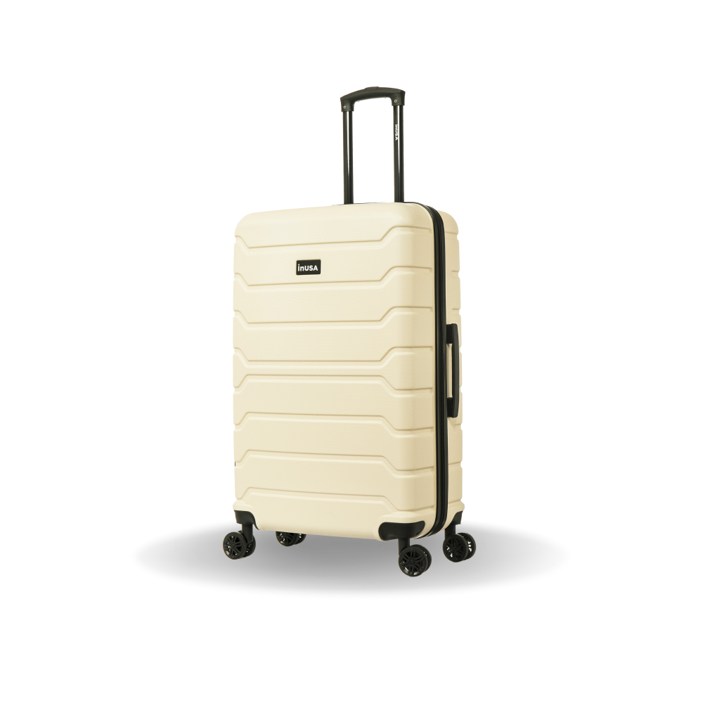 Beige suitcase with black wheels and handle on a white background