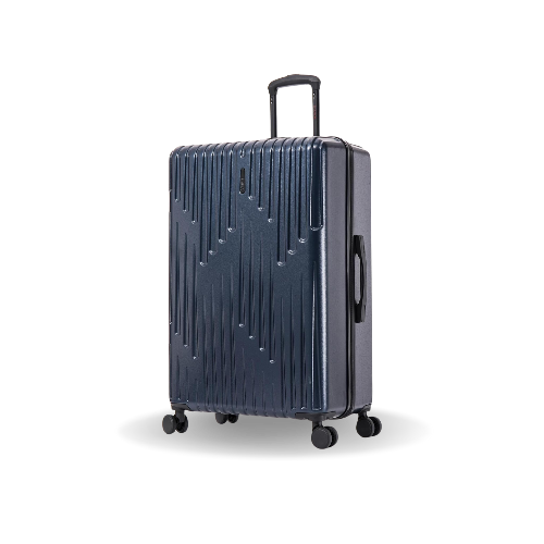 Blue suitcase with a textured surface on a white background
