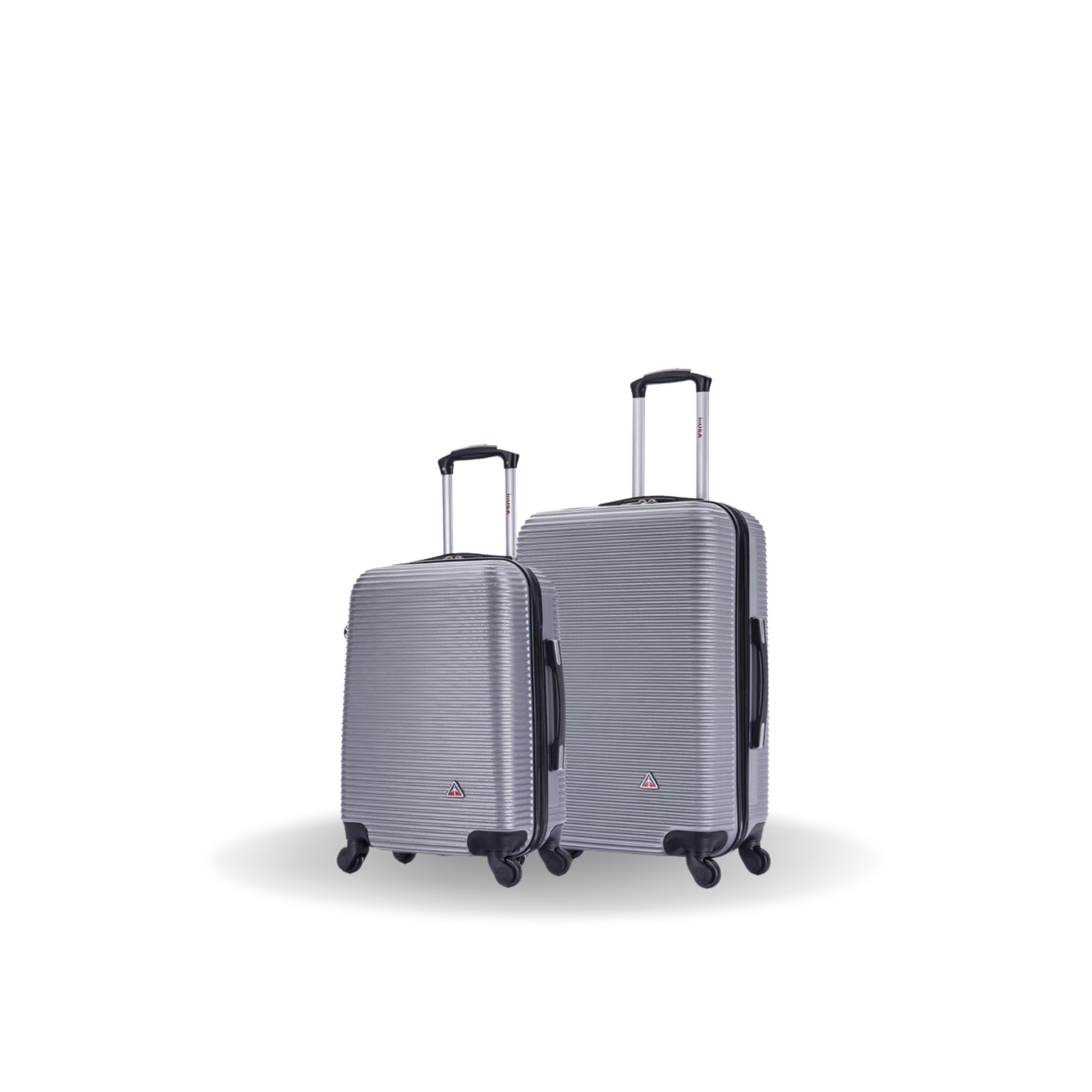 Two gray suitcases with a visible brand logo on a white background