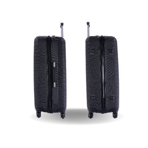 Two black suitcases with a textured surface on a white background