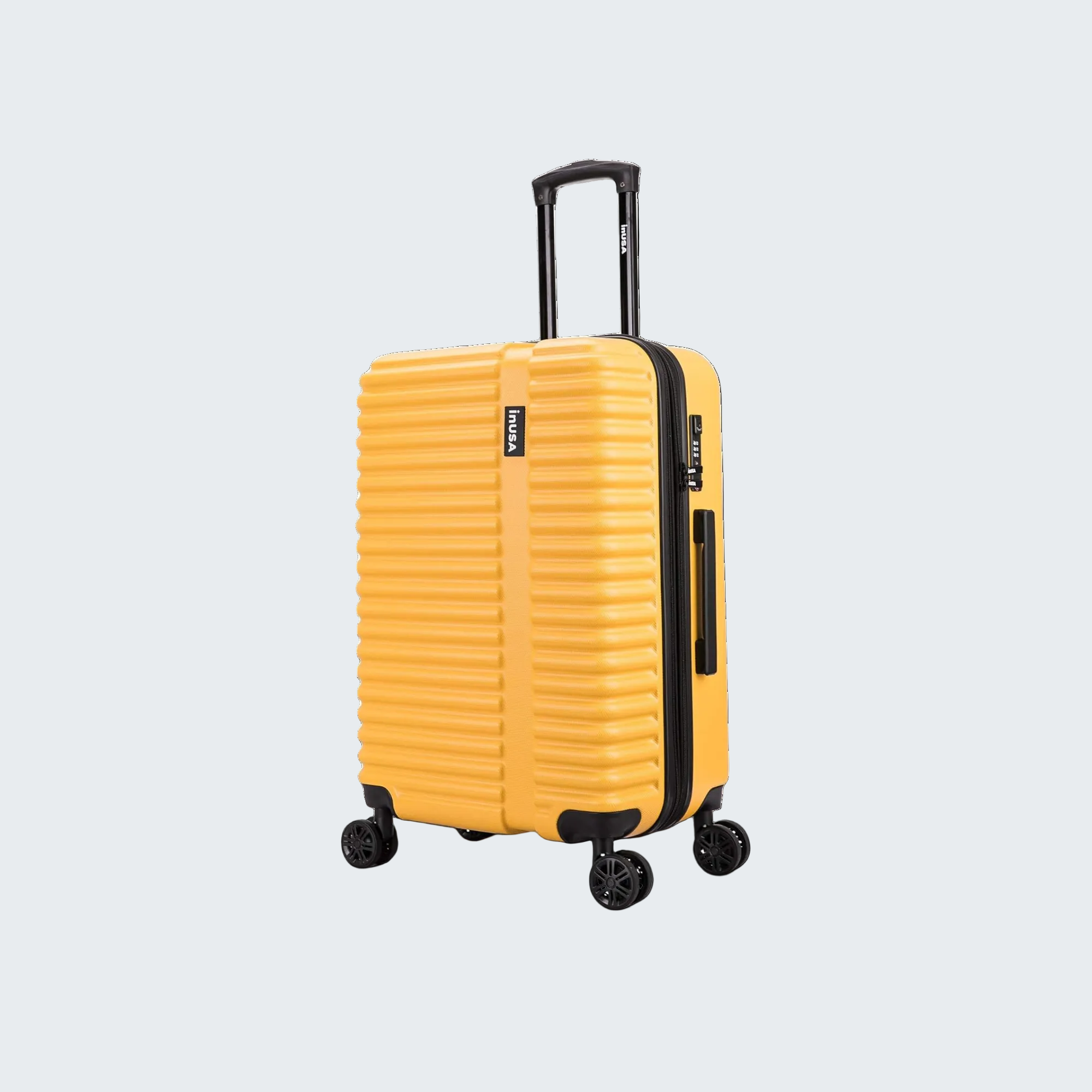 Yellow suitcase with a textured surface on a white background
