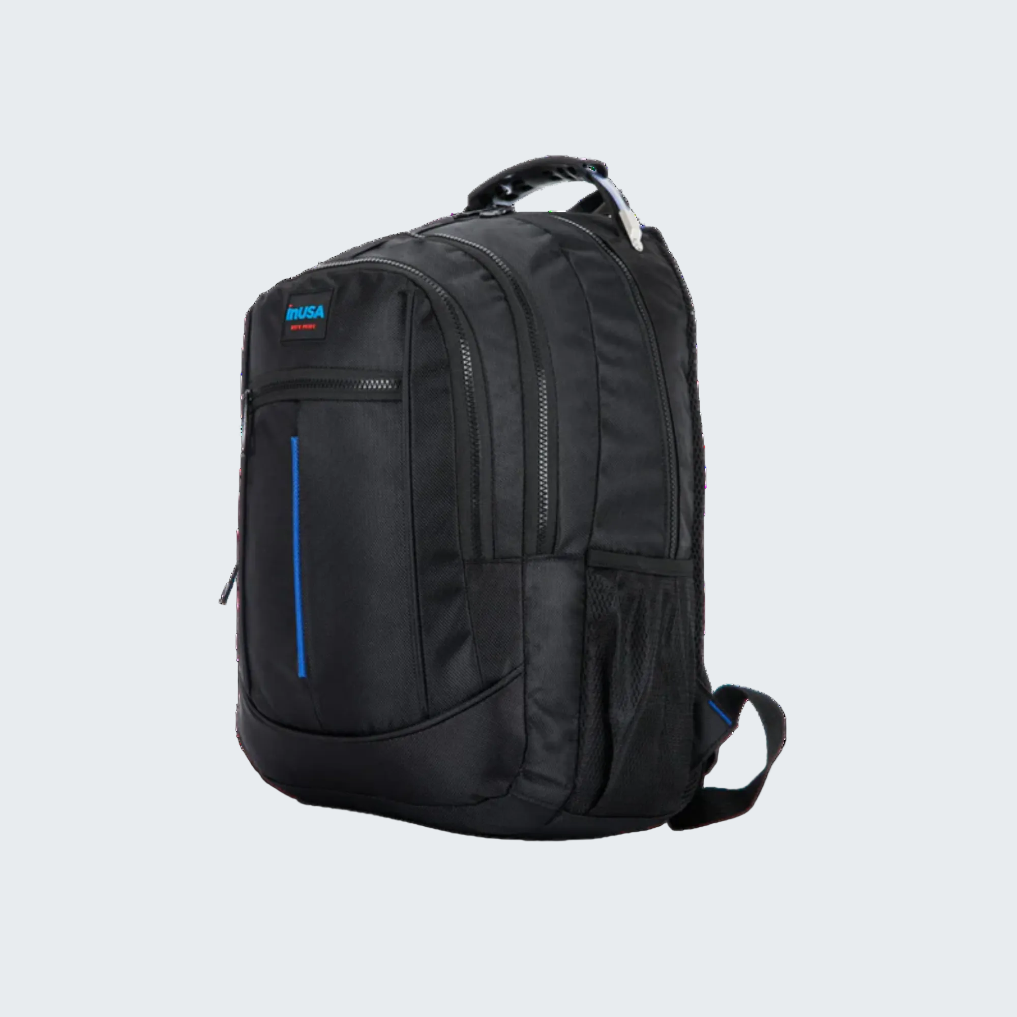 Black backpack with blue accents on a white background