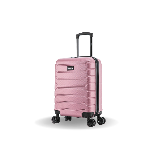 Pink suitcase with a visible brand logo on a white background