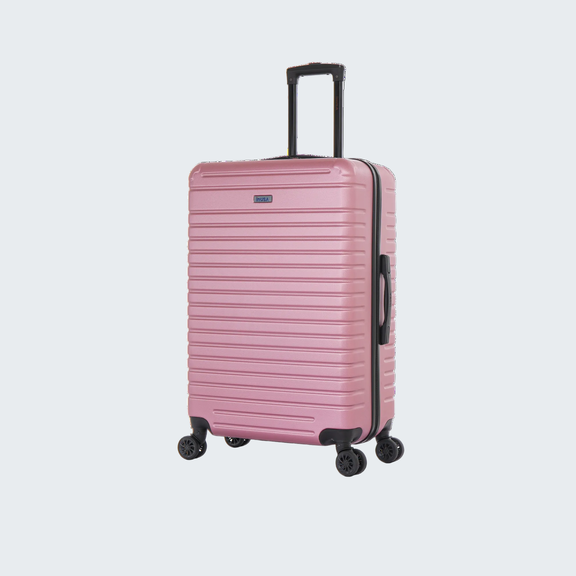 Pink suitcase with black wheels and handle on a white background