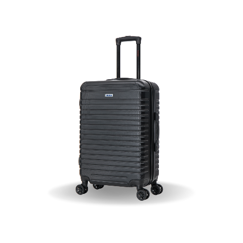 Black suitcase with wheels on a white background