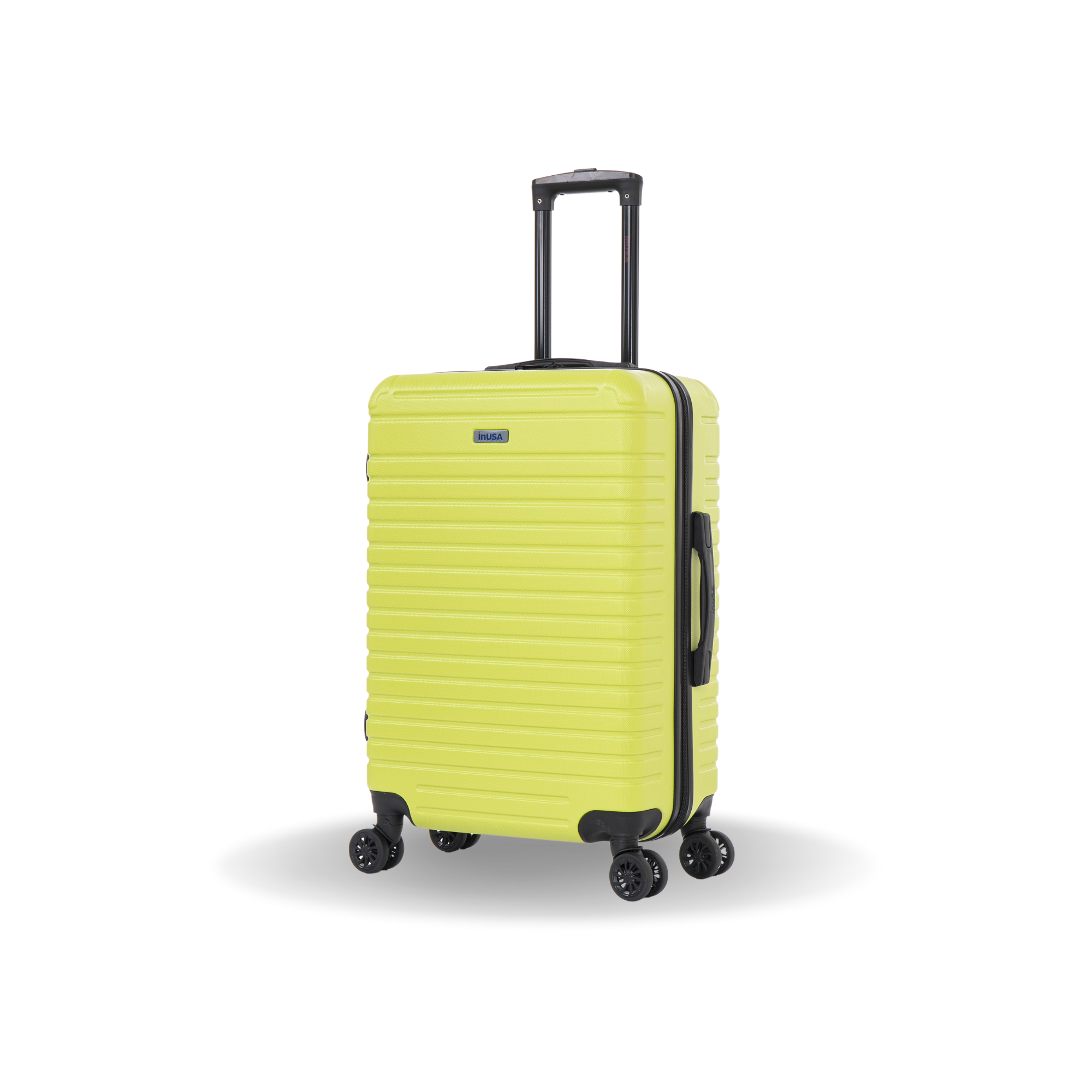Yellow suitcase with black wheels and handle on a white background