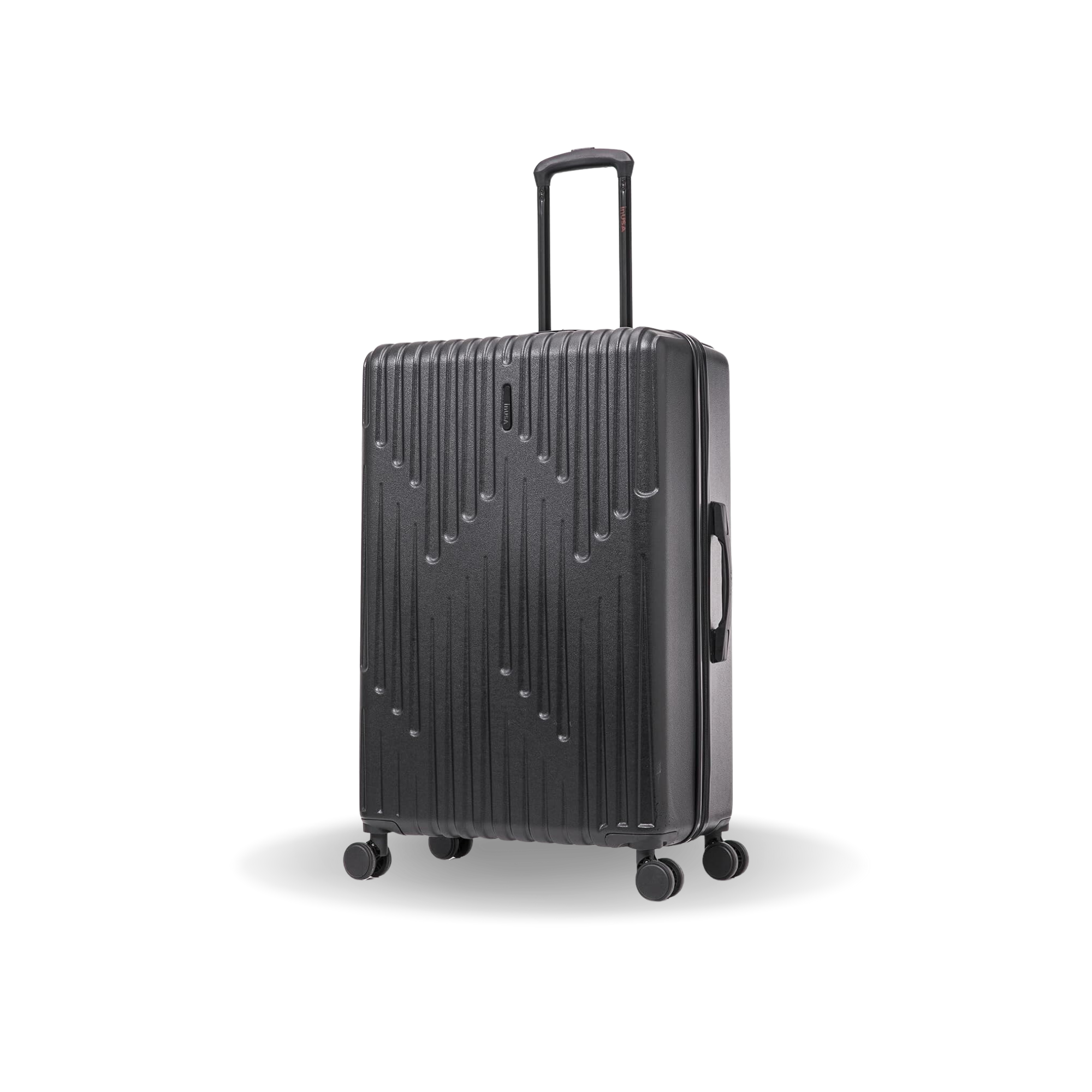 Black suitcase with a textured surface on a white background