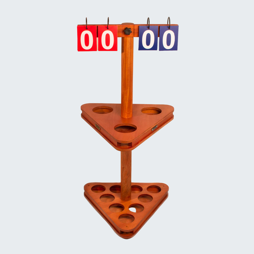 Wooden cornhole scorekeeper with red and blue score markers on a white background