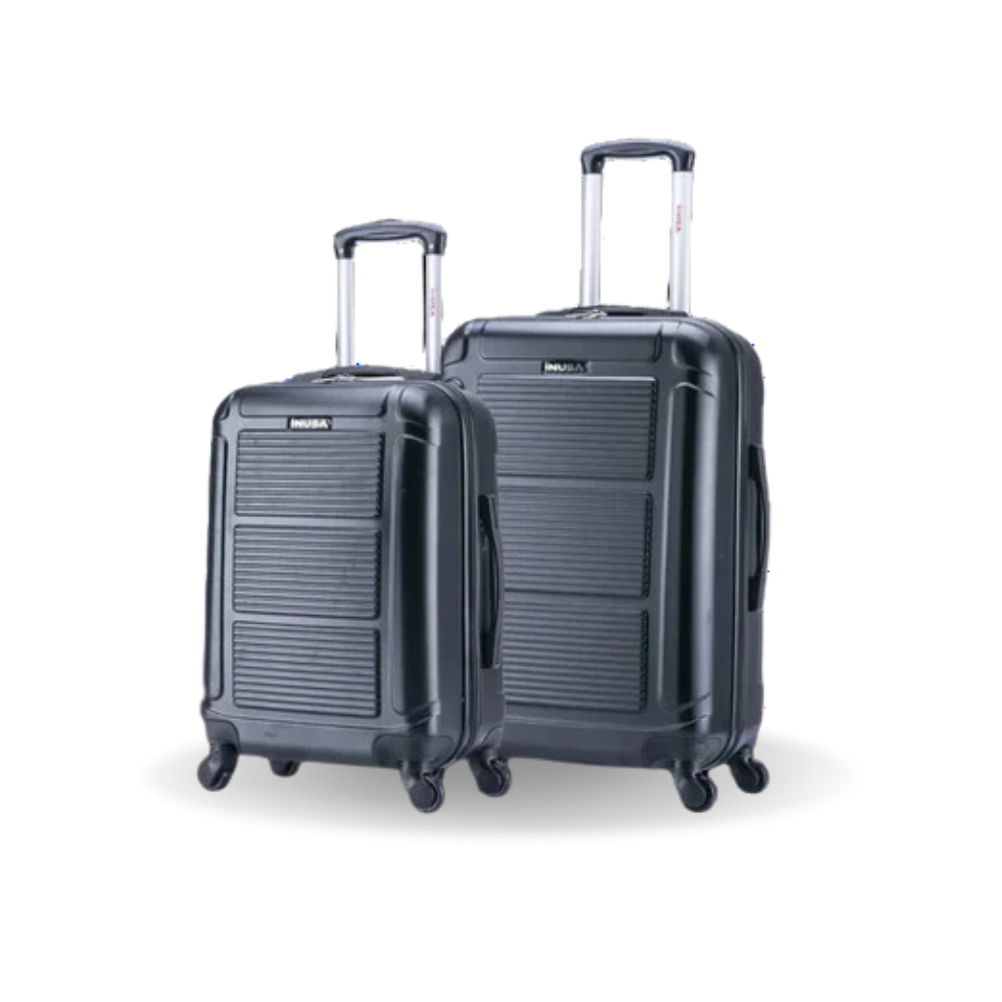 Two black suitcases with wheels on a white background