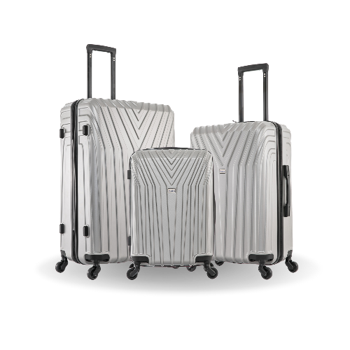 Set of three silver suitcases with black wheels on a white background