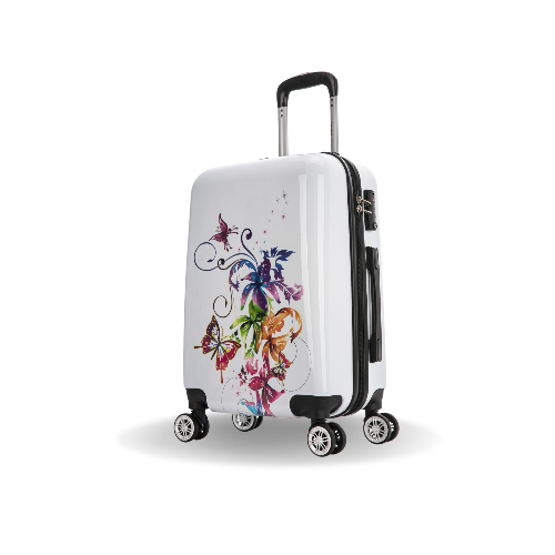 White suitcase with colorful floral and butterfly design on a white background