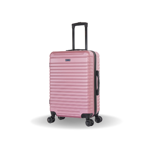 Pink suitcase with black wheels and handle on a white background