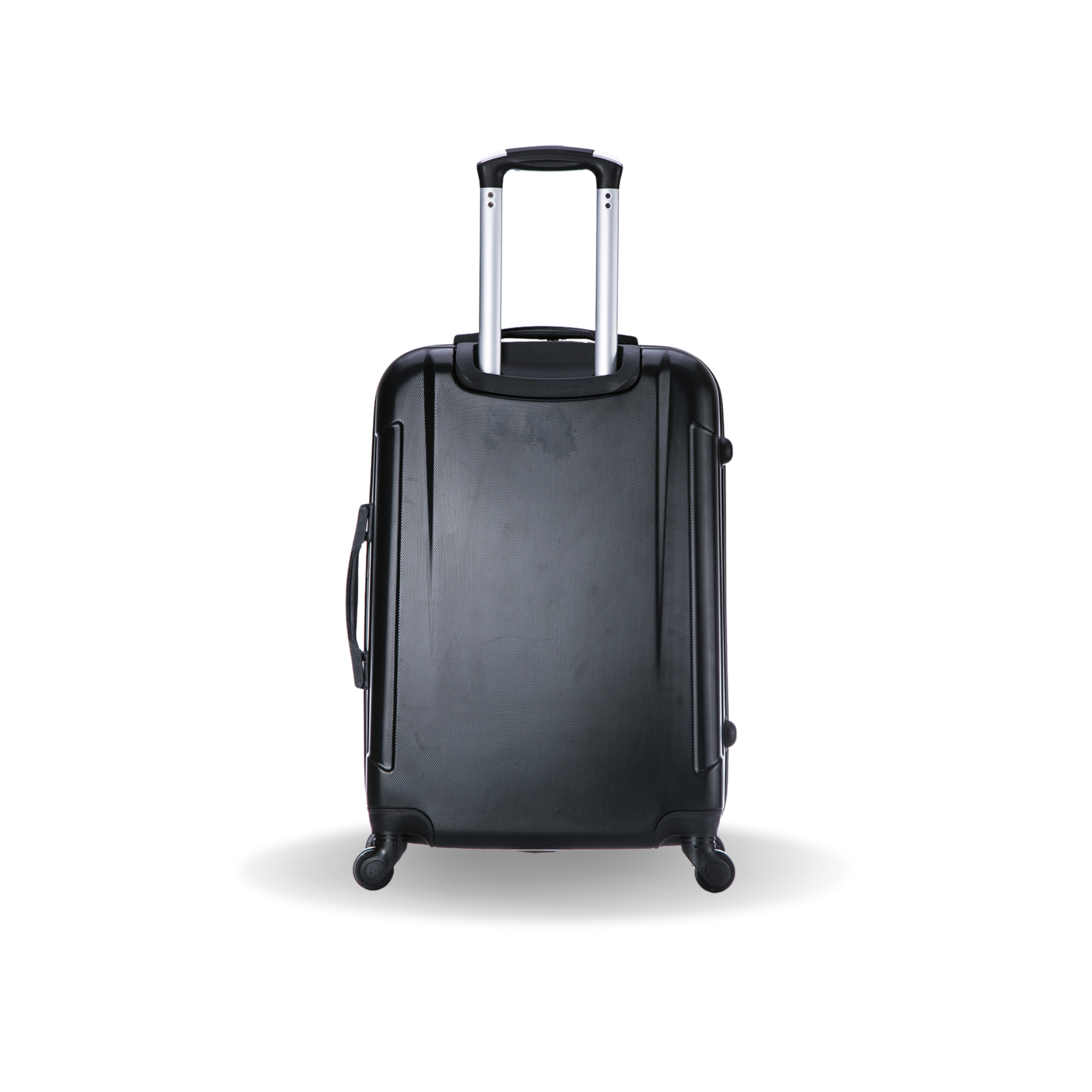 Black suitcase with wheels on a white background
