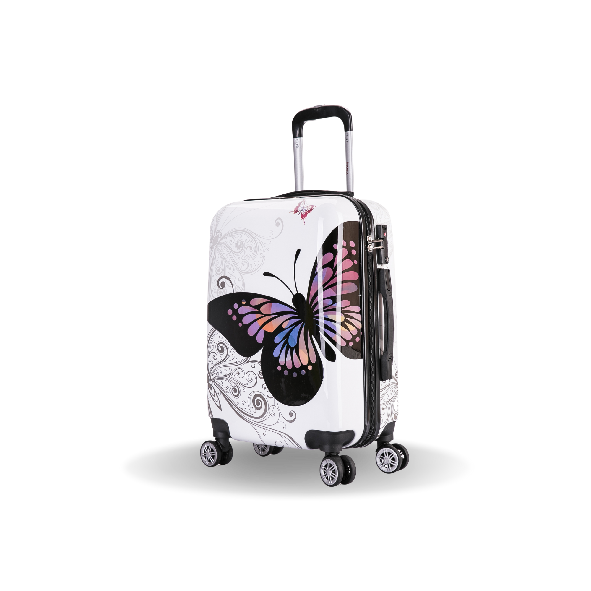 White suitcase with butterfly design on a white background