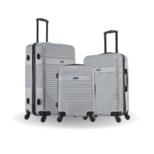 Set of three gray suitcases with geometric patterns on a white background