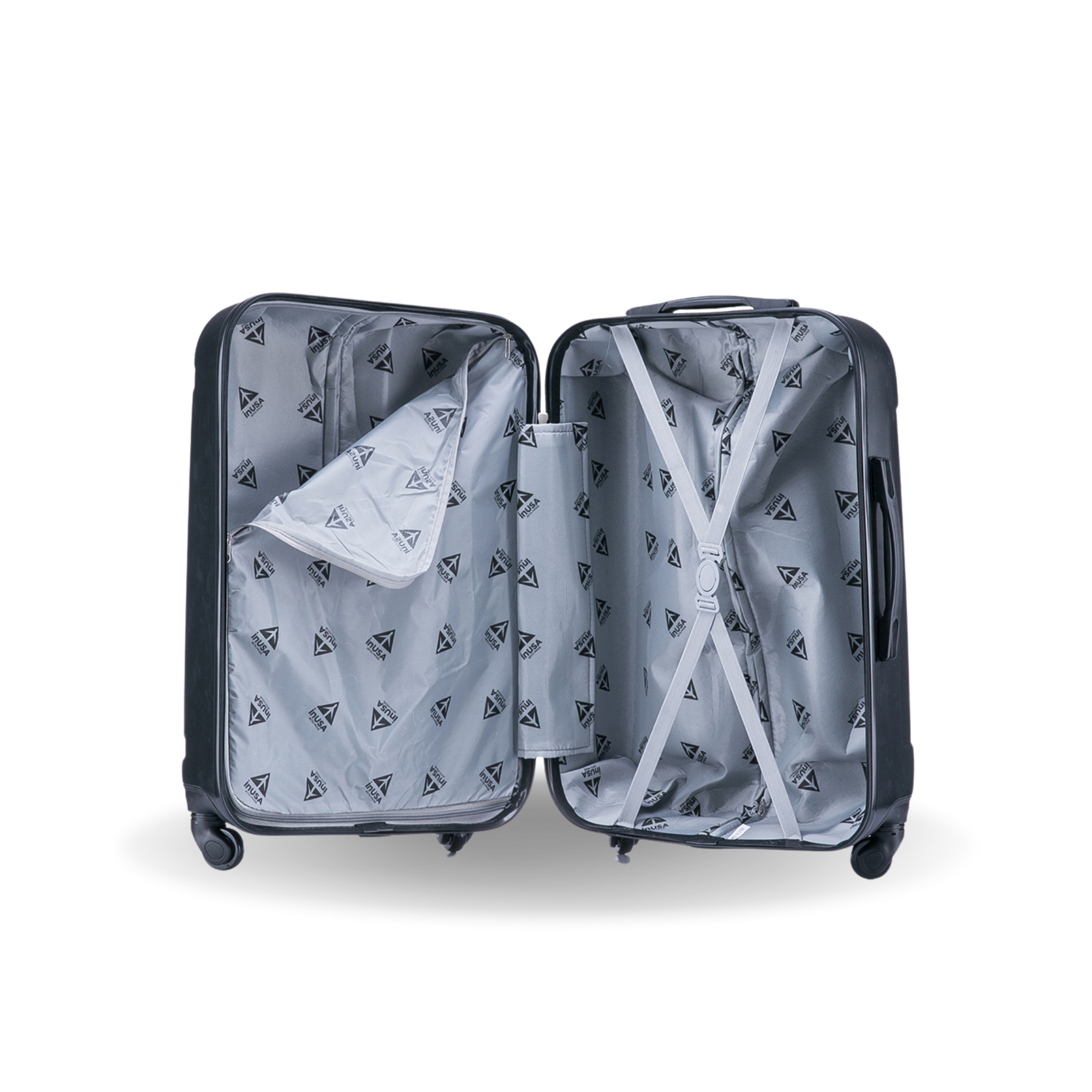 Open suitcase with a shirt inside on a white background