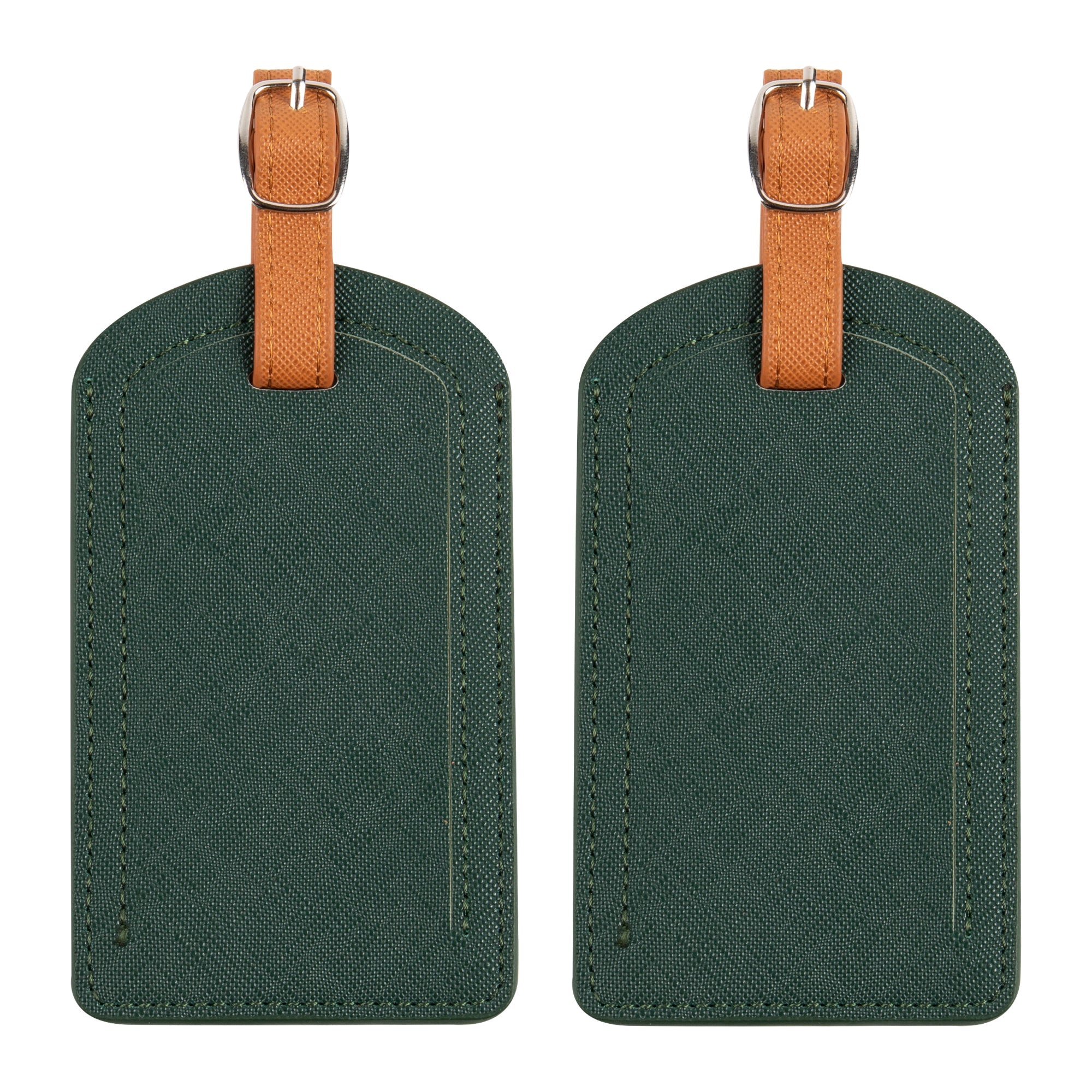Two green luggage tags with brown straps on a white background