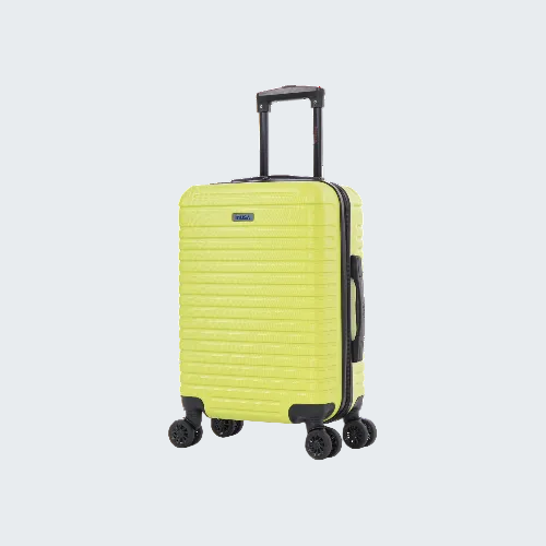 Yellow suitcase with black wheels and handle on a white background