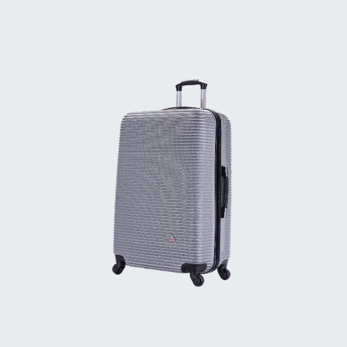 Gray suitcase with a striped pattern on a white background