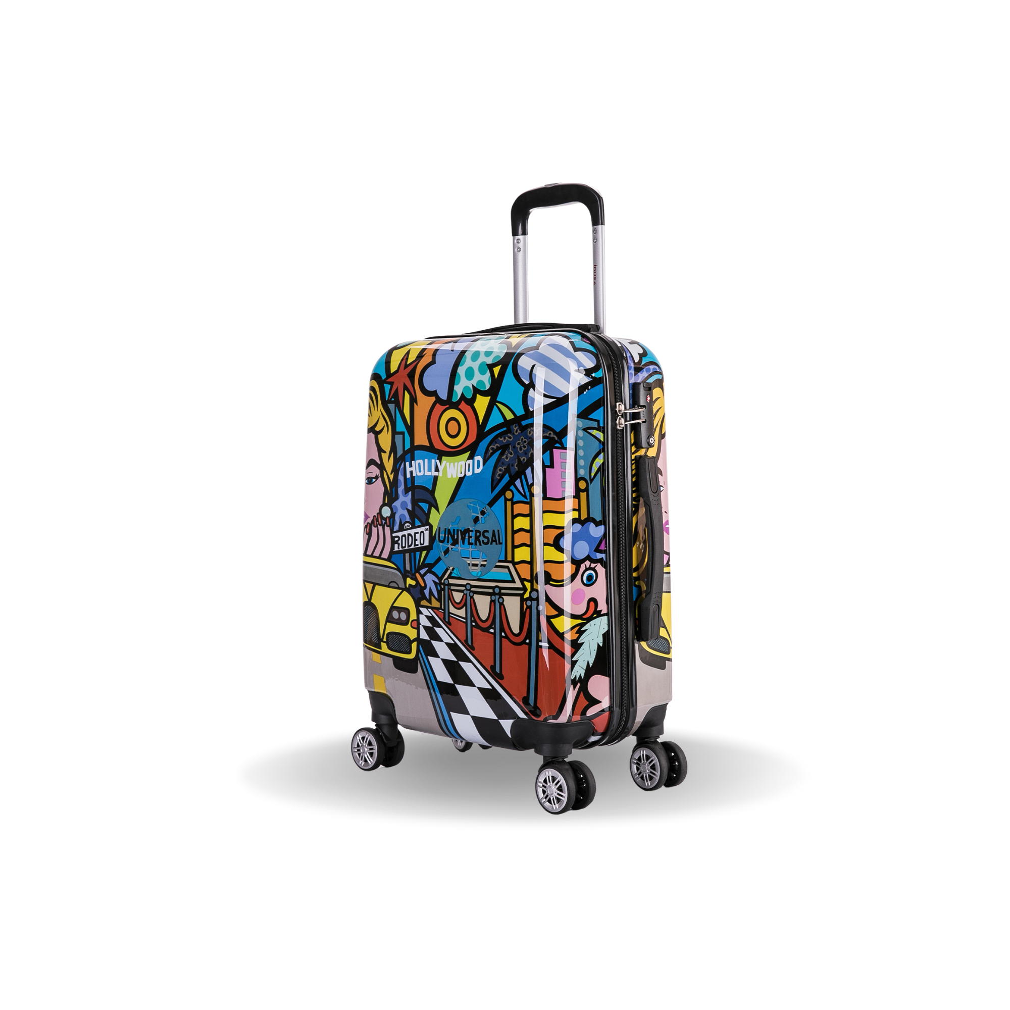 Colorful suitcase with a pattern on a white background