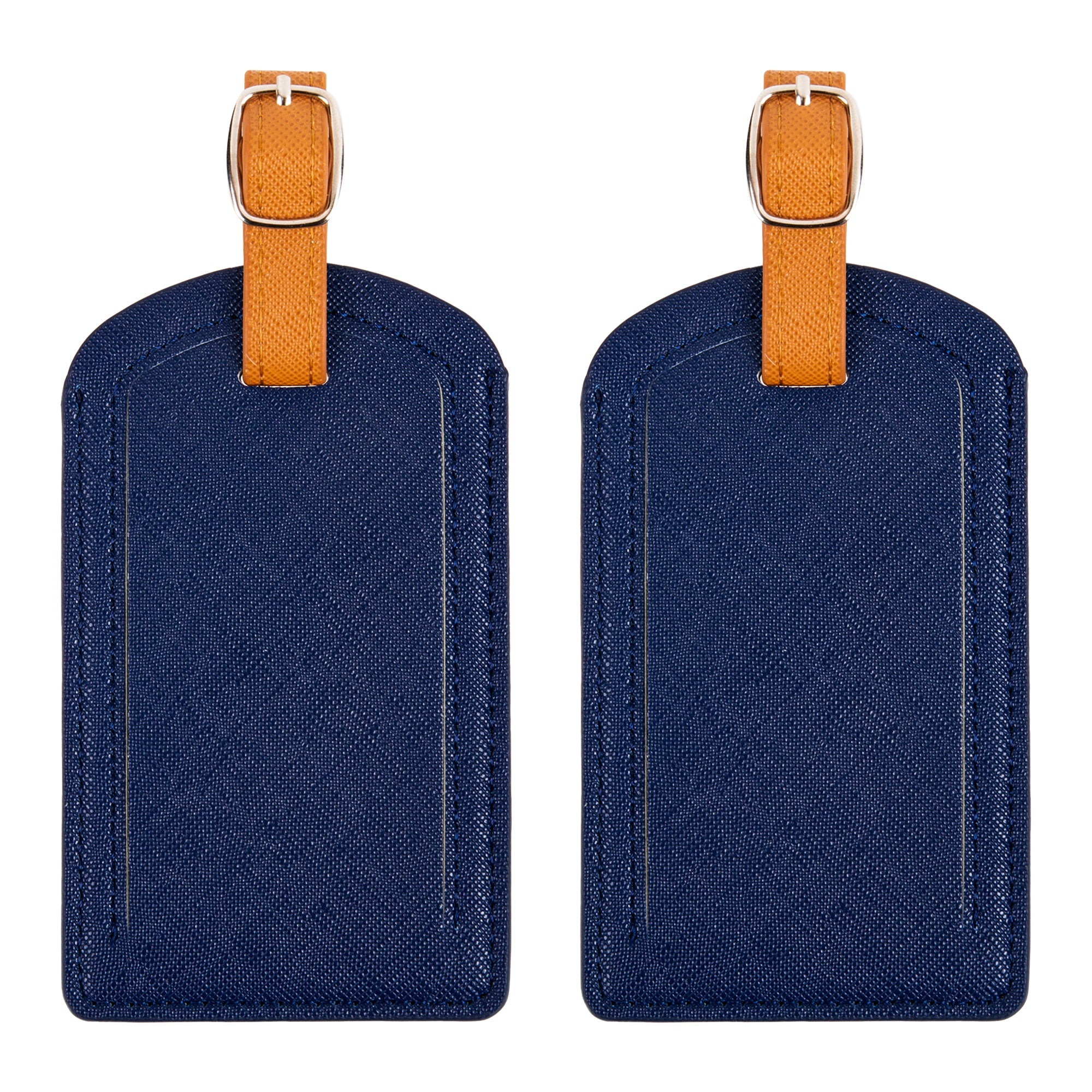 Two blue luggage tags with orange straps on a white background